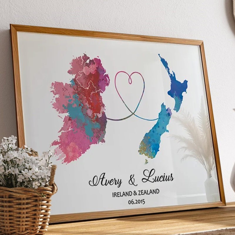 Personalised Two Countries Location Map Wooden Sign Gift For Valentine's Day Wedding Anniversary Birthday