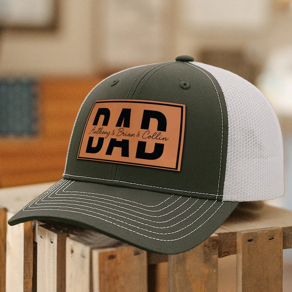 Custom Dad Leather Patch Hat With Kids Name For Men Dad Father's Day Gift