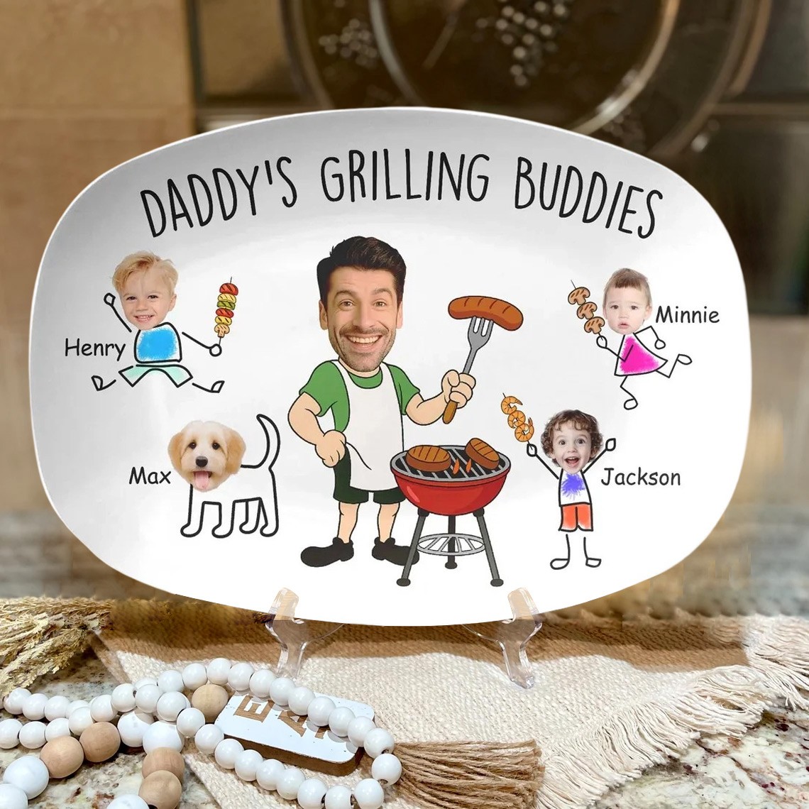 Custom Daddy's Grilling Buddies BBQ Plate with Kids Name and Photo for Dad Father's Day Gift