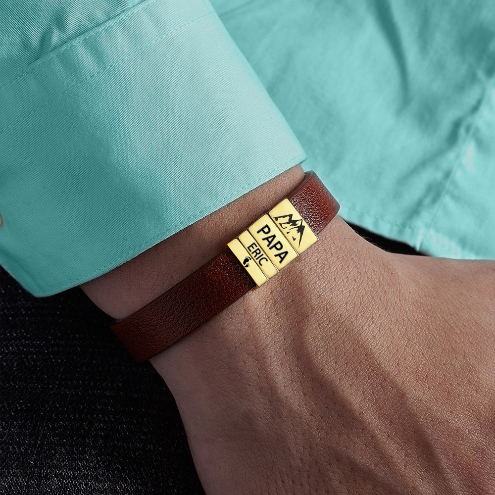 Personalised PAPA Leather Bracelet With Kids Name Beads Gift For Father's Day