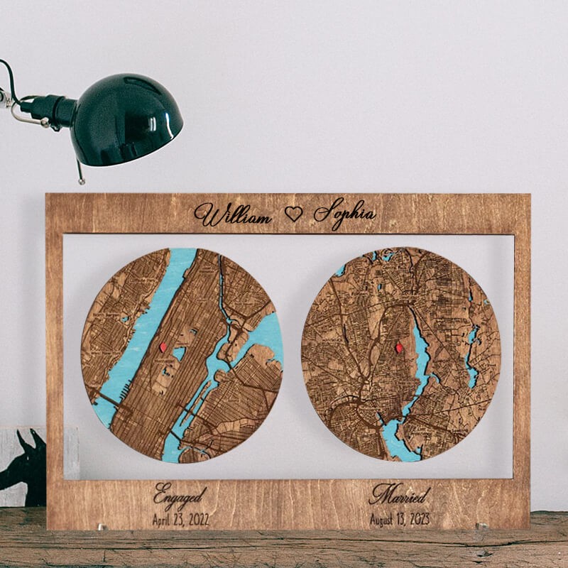 Personalised Met Engaged Married Map Wooden Framed Wall Art Anniversary Valentine's Day Gift for Couple