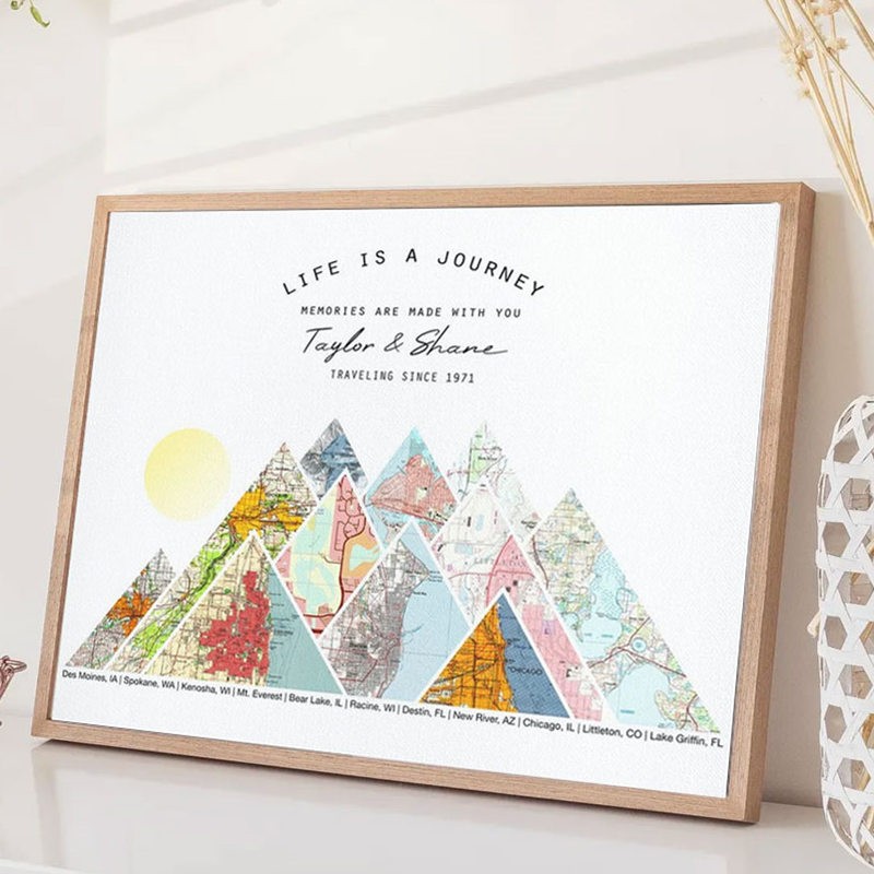 Personalised Mountain Adventure Travel Map Wall Art Wooden Frame Decor Gift For Couple Valentine's Day Anniversary