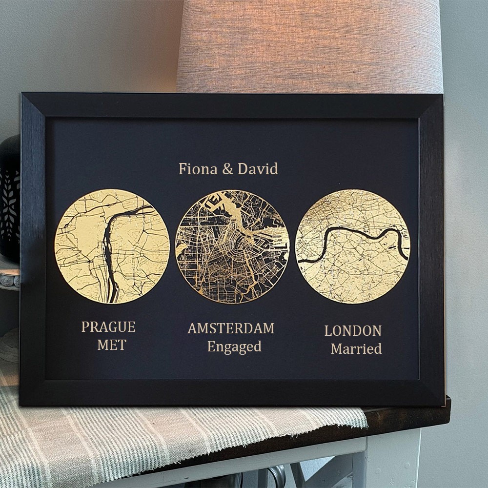 Personalised Met Engaged Married Love Story Foil Map Frame Unique Gift For Couple Valentine's Day Anniversary