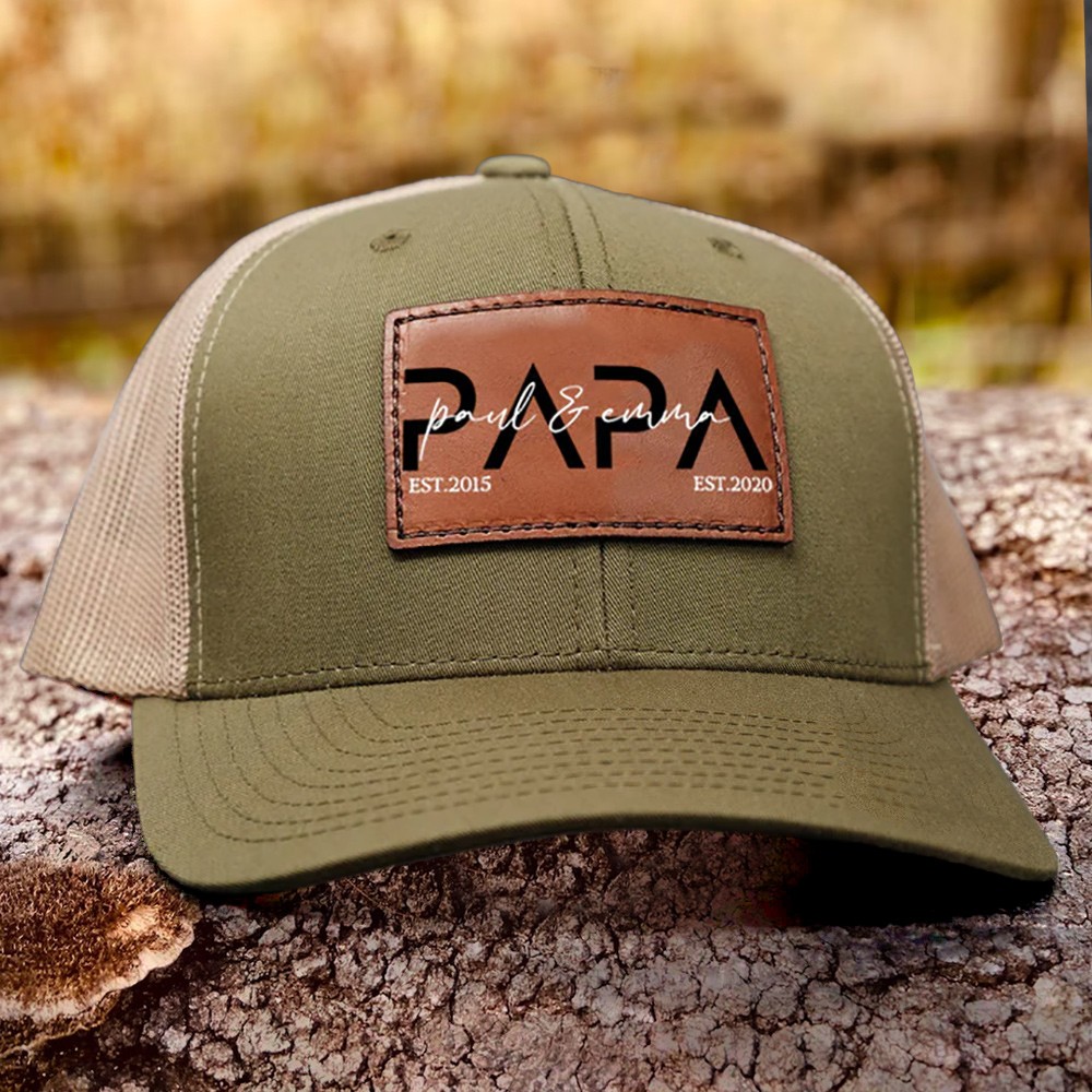 Custom PAPA Leather Patch Cap With Kids Name For Dad Grandpa Father's Day Birthday Gift