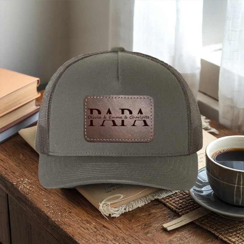 Custom Papa Leather Patch Hat With Kids Name For Papa Dad Father's Day Gift