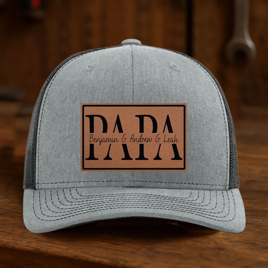 Custom Papa Leather Patch Hat With Kids Name For Papa Dad Father's Day Gift