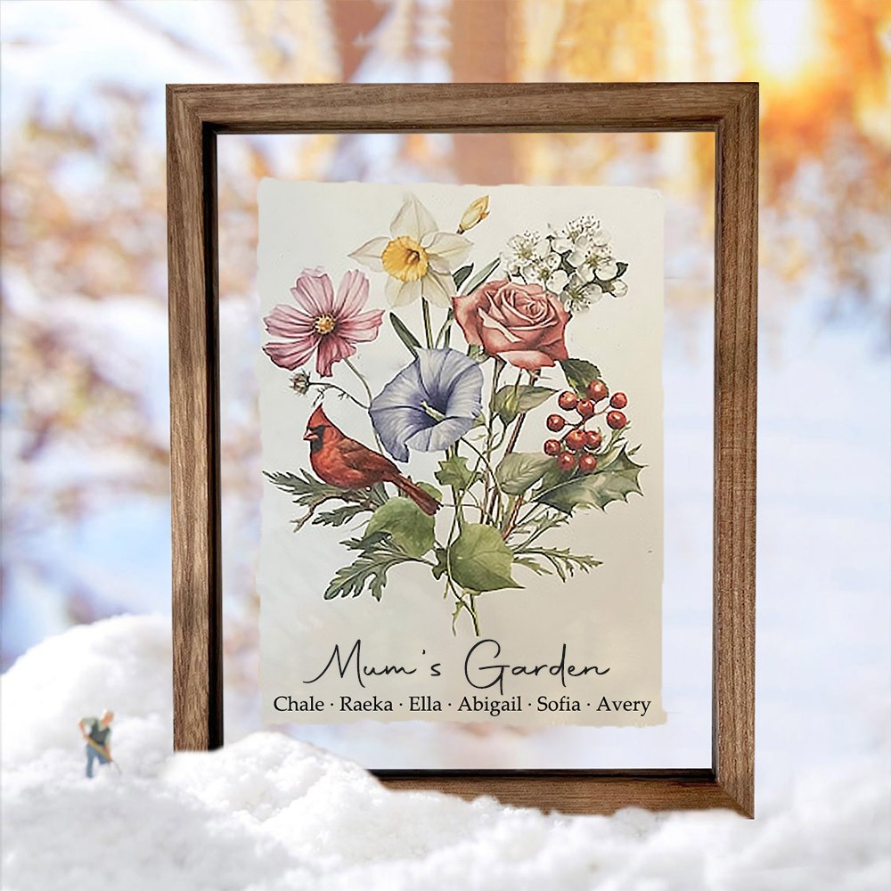 Custom Mum's Garden Birth Flower Family Bouquet Frame Antique Home Art For Christmas Gift