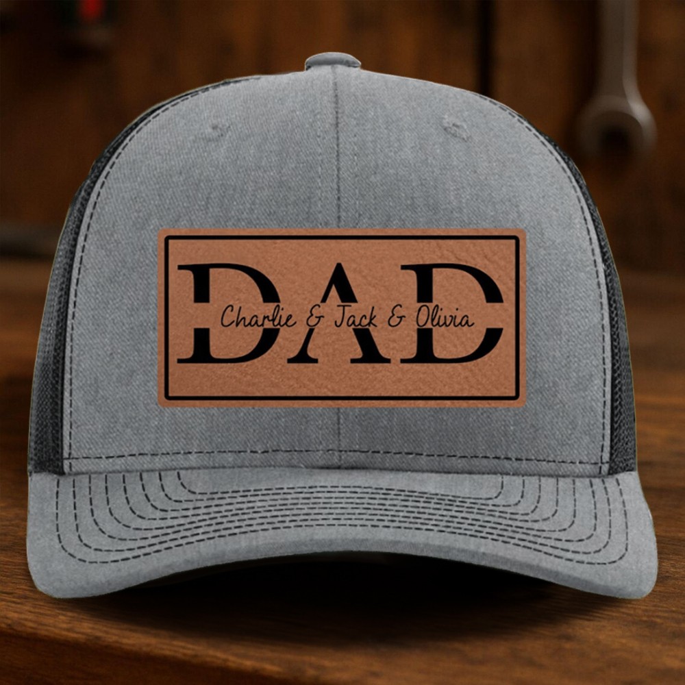 Custom Dad Leather Patch Hat With Kids Name For Men Dad Father's Day Gift