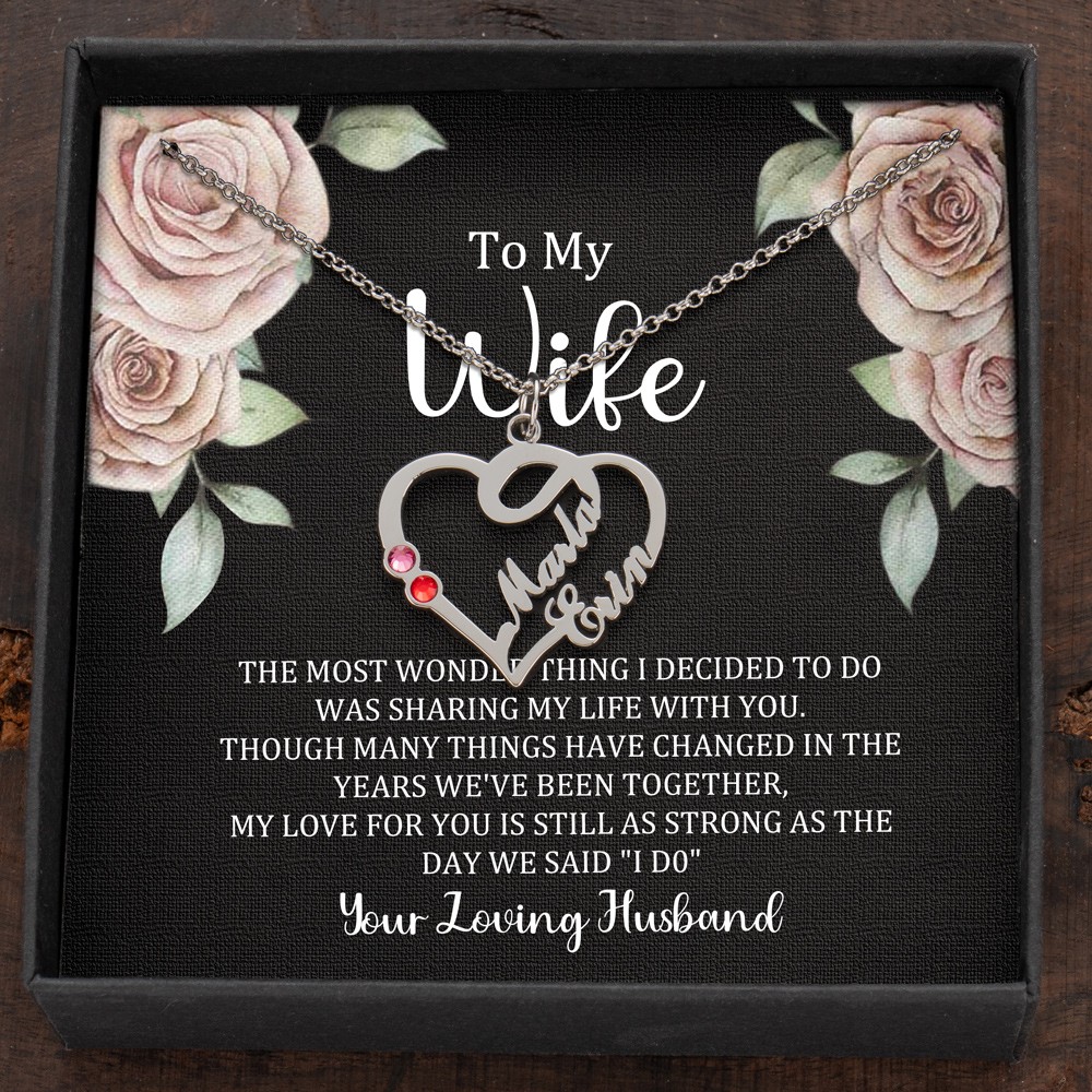 Custom Couple Names Heart Necklace With Birthstones Valentine's Day Gifts