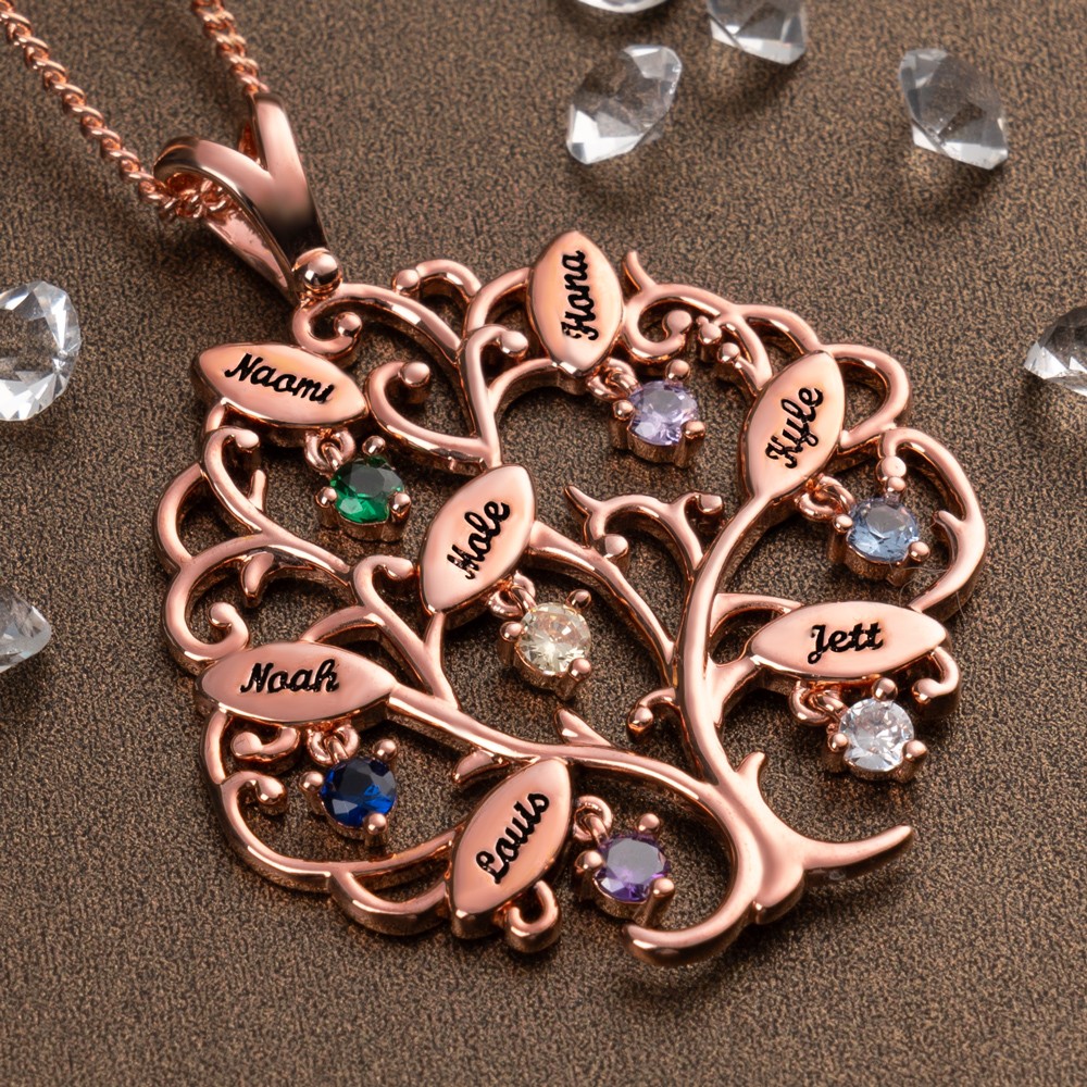 Personalised Birthstone Family Tree Necklace with Names Mother's Day Gift