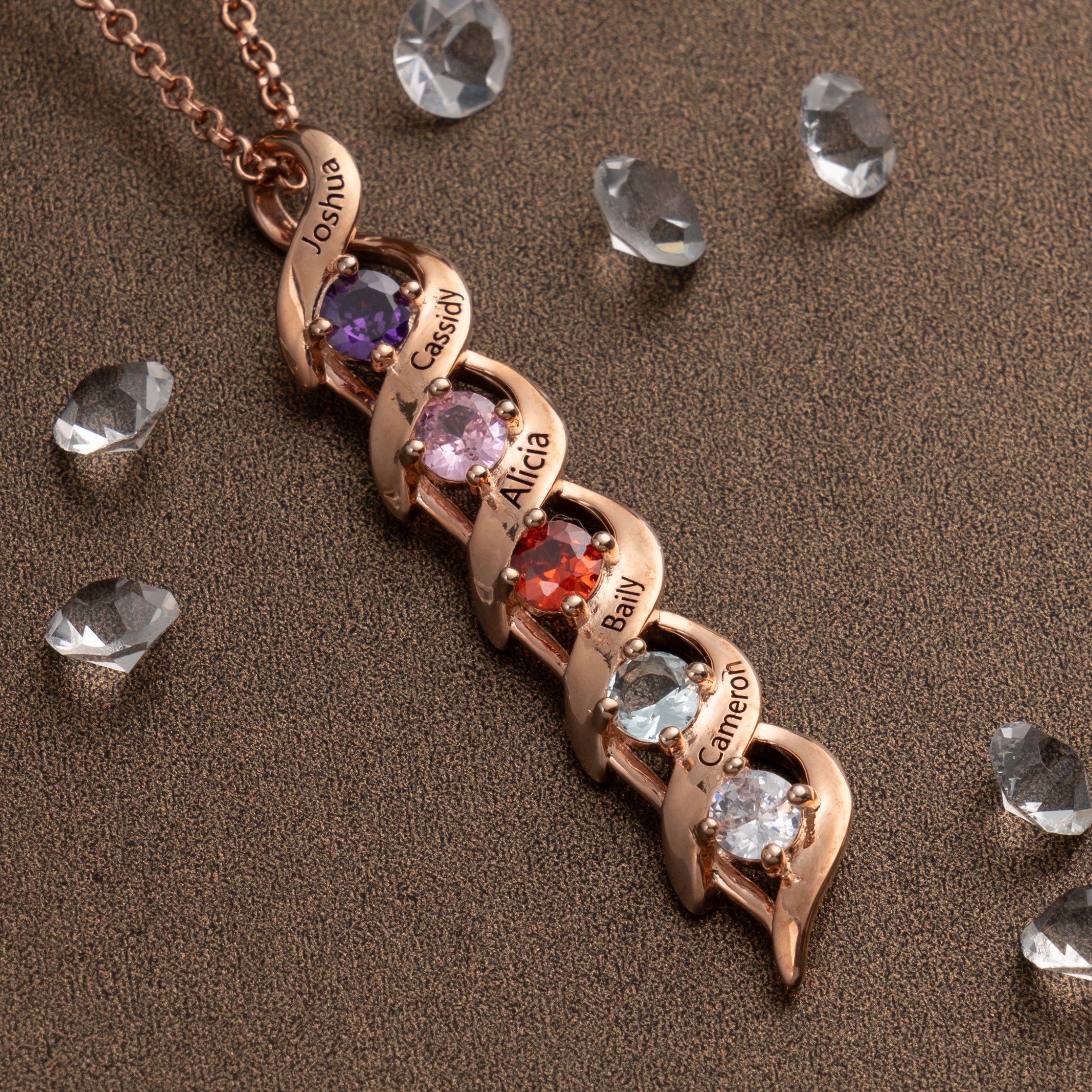 Personalised DNA Family Necklace with Names and Birthstones For Mum