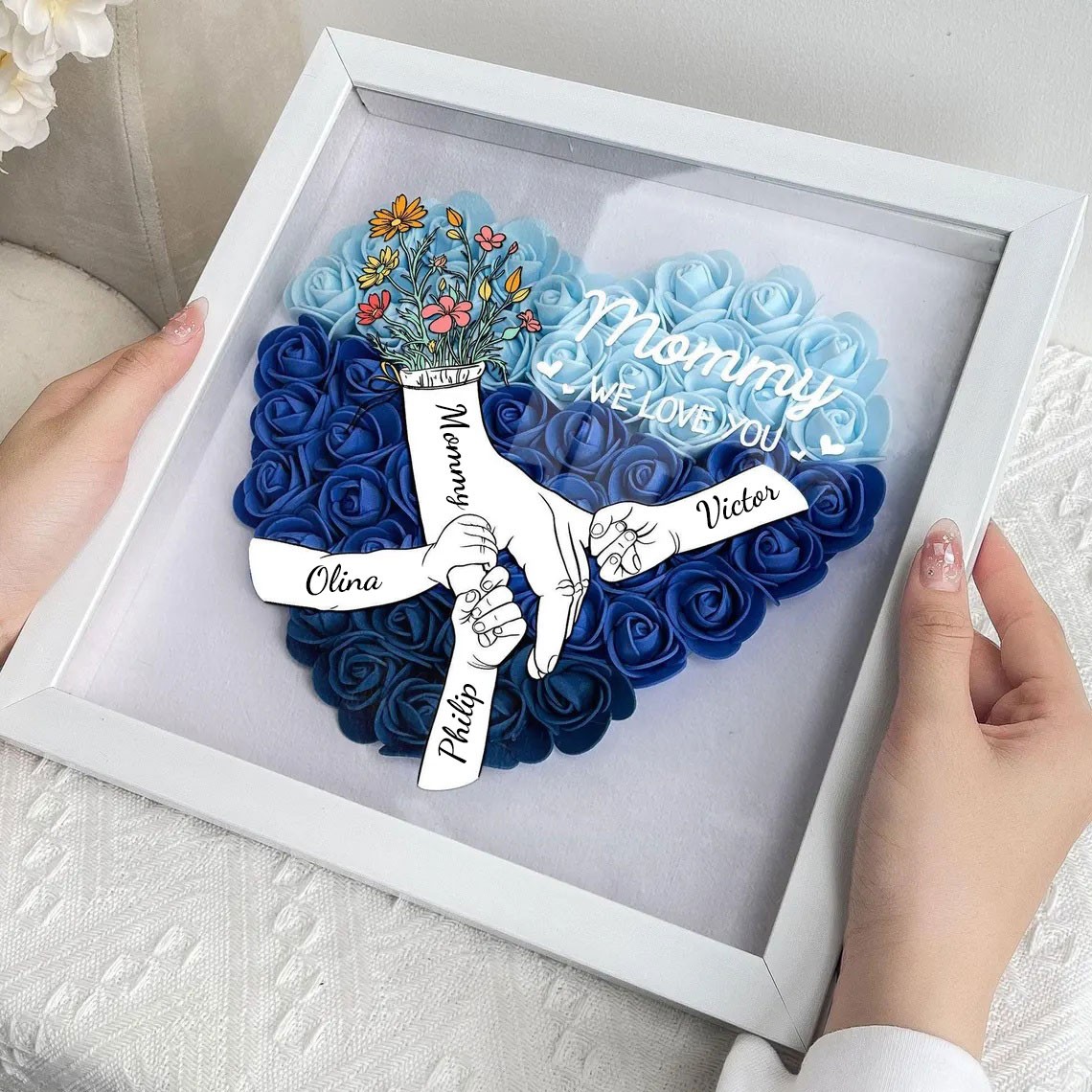 Custom Holding Hands Flower Shadow Box with Kids Name For Mum or Grandma Mother's Day Gift