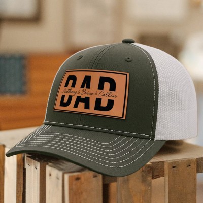 Custom Dad Leather Patch Hat With Kids Name For Men Dad Father's Day Gift
