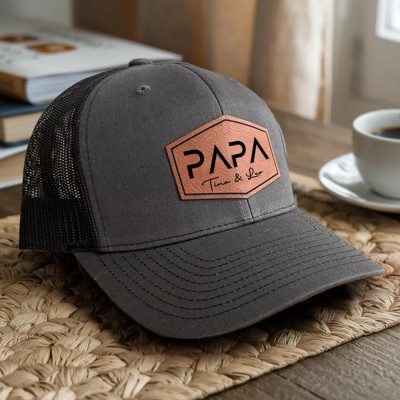 Custom Papa Leather Patch Hat With Kids Name For Papa Dad Father's Day Gift