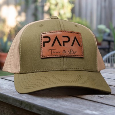 Custom Papa Leather Patch Hat With Kids Name For Papa Dad Father's Day Gift