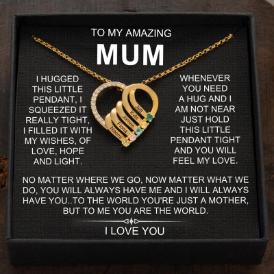 Personalised Heart Necklace with Names and Birthstones For Mum