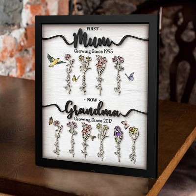 First Mum Now Grandma Wooden Sign Personalised Birth Month Flowers Gift From Kids For Mum Grandma Birthday Mother's Day