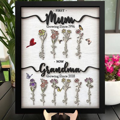 First Mum Now Grandma Wooden Sign Personalised Birth Month Flowers Gift From Kids For Mum Grandma Birthday Mother's Day