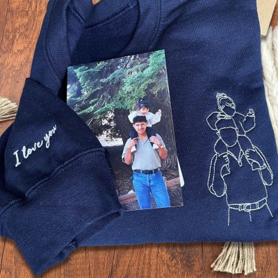 Custom Embroidered Dad Photo Outline Sweatshirt With Kids Name On Sleeve For Father's Day Gift