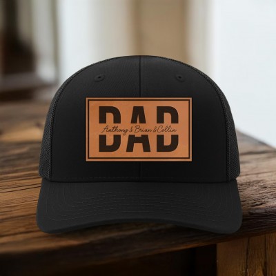 Custom Dad Leather Patch Hat With Kids Name For Men Dad Father's Day Gift