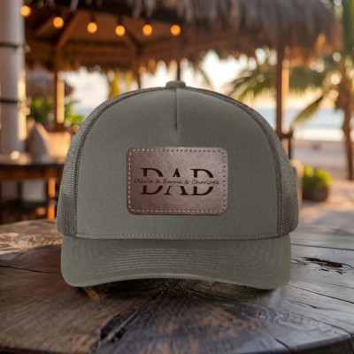 Custom Dad Leather Patch Hat With Kids Name For Men Dad Father's Day Gift