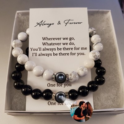 Personalised 2 Pcs Magnetic Long Distance Bracelets With Photo Projection For Her Him Anniversary Gift