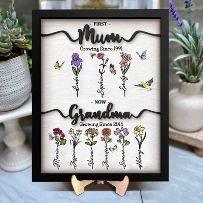 First Mum Now Grandma Wooden Sign Personalised Birth Month Flowers Gift From Kids For Mum Grandma Birthday Mother's Day