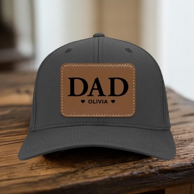 Custom Dad Leather Patch Hat With Kids Name For Men Dad Father's Day Gift