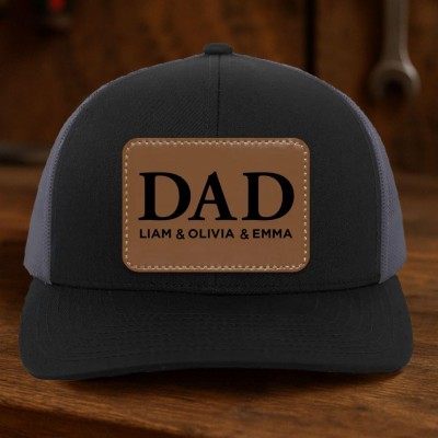Custom Dad Leather Patch Hat With Kids Name For Men Dad Father's Day Gift