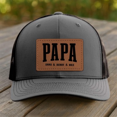 Custom Papa Leather Patch Hat With Kids Name For Men Dad Papa Father's Day Gift