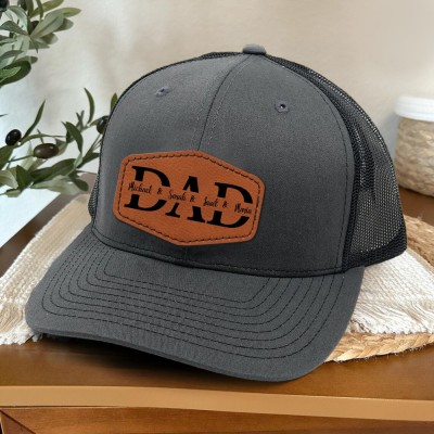 Custom Dad Leather Patch Hat With Kids Name For Men Dad Father's Day Gift