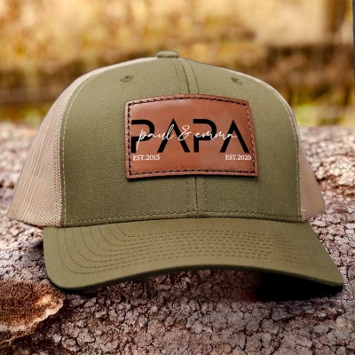 Custom PAPA Leather Patch Cap With Kids Name For Dad Grandpa Father's Day Birthday Gift