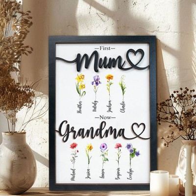 Personalised First Mum Now Grandma Birth Month Flower Wooden Sign With Kids Name Mother's Day Birthday Gift