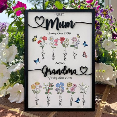 Personalised First Mum Now Grandma Birth Month Flower Wooden Sign With Kids Name Mother's Day Birthday Gift