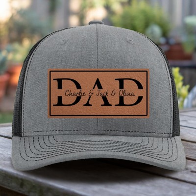 Custom Dad Leather Patch Hat With Kids Name For Men Dad Father's Day Gift