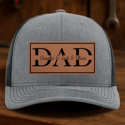 Custom Dad Leather Patch Hat With Kids Name For Men Dad Father's Day Gift
