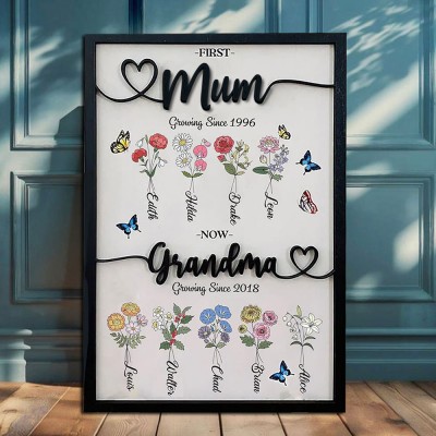 Personalised First Mum Now Grandma Birth Month Flower Wooden Sign With Kids Name Mother's Day Birthday Gift