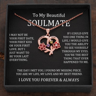 Personalised Flower Heart Name Necklace with Birthstones For Couple Gift