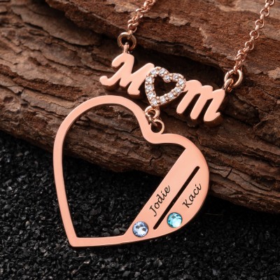 Personalised Mum Birthstone Necklace with Kid's Names For Mother's Day Gift