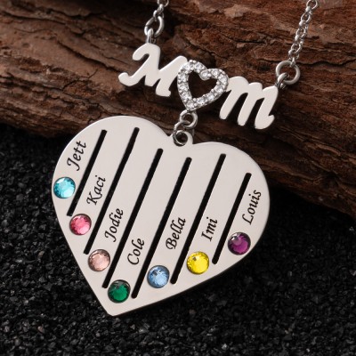 Personalised Mum Birthstone Necklace with Kid's Names For Mother's Day Gift