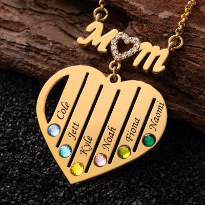Personalised Mum Birthstone Necklace with Kid's Names For Mother's Day Gift