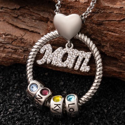 Personalised Mum Circle Birthstone Necklace with Kid's Names For Mother's Day Gift