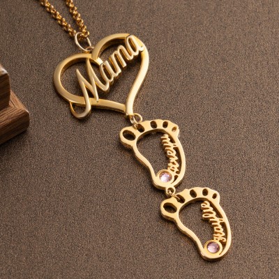 Personalised Mama Necklace with Custom Baby Feet and Birthstone For Mother Gift Ideas