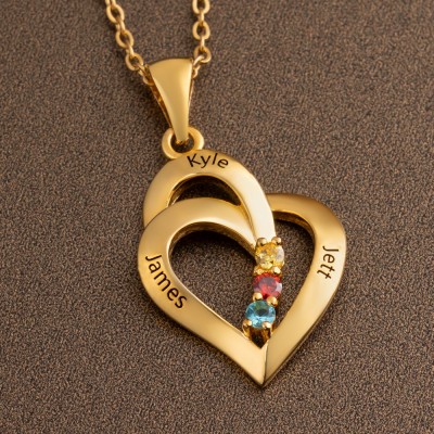 Personalised Heart Necklace with Names and Birthstones For Wife Mum Gift Ideas