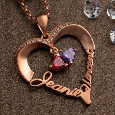 Personalised Heart Necklaces With 2 Names and Birthstones For Soulmate Girlfriend Valentine's Day