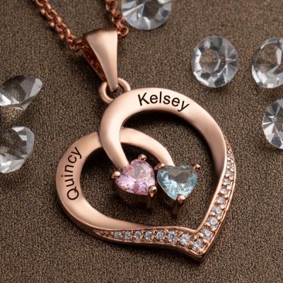 Custom Couple Names Heart Necklace With Birthstones Valentine's Day Gifts