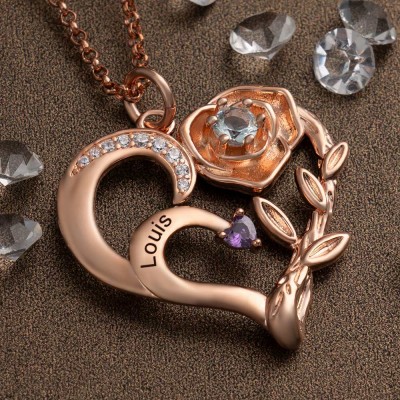 Personalised Rose Heart Necklace with Name and Birthstone For Mother's Day Gift