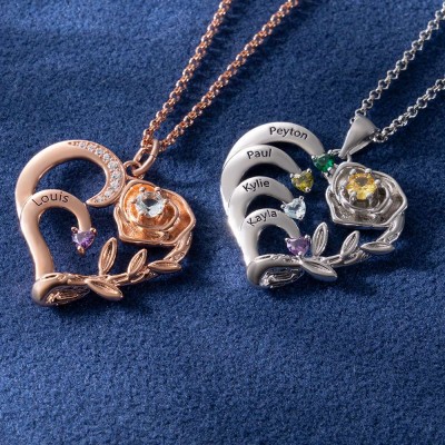 Personalised Rose Heart Necklace with Name and Birthstone For Mother's Day Gift