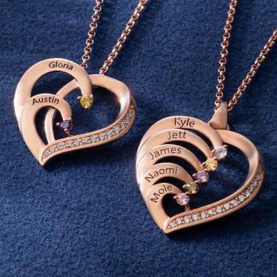 Personalised Heart Necklace with Names and Birthstones For Mum Mother's Day