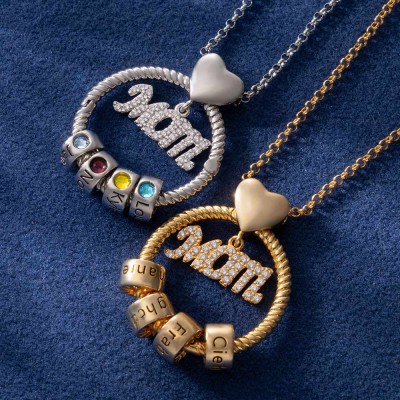 Personalised Mum Circle Birthstone Necklace with Kid's Names For Mother's Day Gift